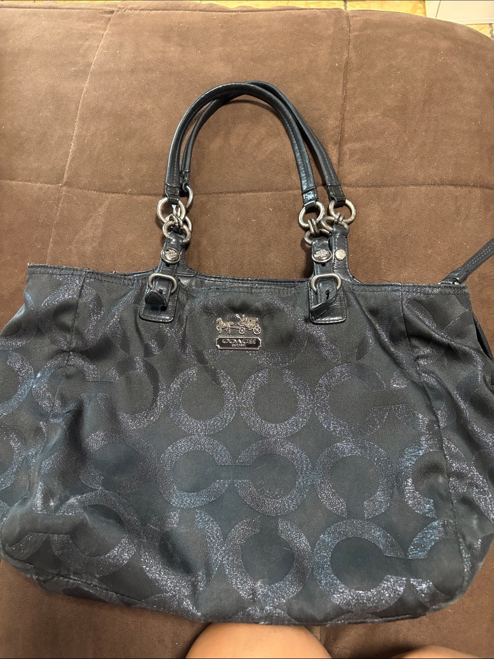 Coach Shimmery Black Signature Tote with Leather Handles